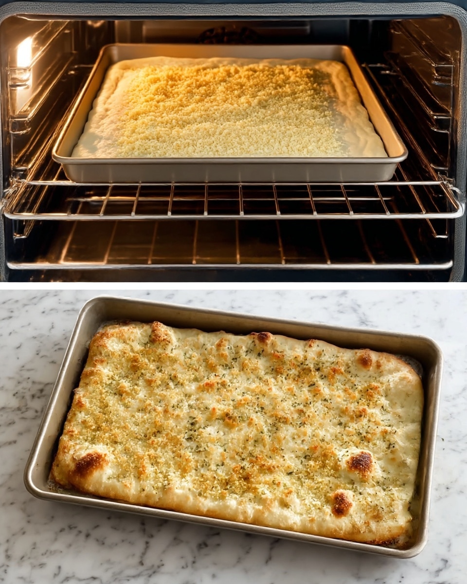 The first image shows a rectangular metal pan inside an oven, filled with uncooked dough spread flat with a layer of light yellow breadcrumbs or crumble on top. The dough layer is pale and smooth, and the pan is sitting on the middle rack with the oven door open. The second image shows the same rectangular metal pan on a white marbled surface, holding a freshly baked pizza-like flatbread with a golden brown bubbly cheese topping mixed with herbs, covering the cream-colored crust that is slightly thick around the edges with some darker baked spots. Photo taken with an iphone --ar 4:5 --v 7