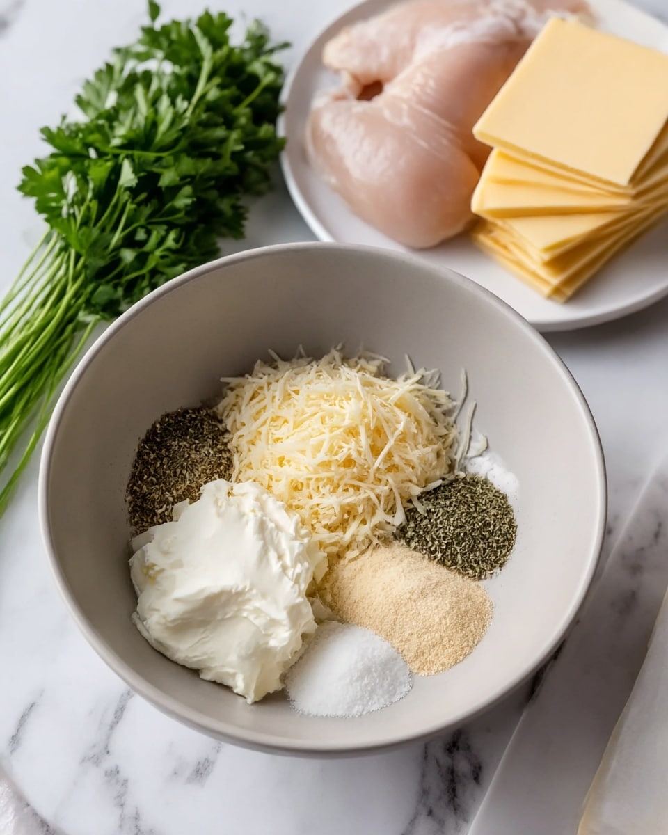 A light gray bowl sits on a white marbled surface, filled with separate piles of ingredients including white cream cheese, pale yellow grated cheese, black pepper, light beige garlic powder, and a small amount of white powder. Next to the bowl, there is a bundle of fresh green parsley, a white plate holding three raw chicken pieces, and a stack of pale yellow rectangular slices of cheese on the white marbled surface. A woman’s hand is not visible but the scene is prepared for cooking. photo taken with an iphone --ar 4:5 --v 7