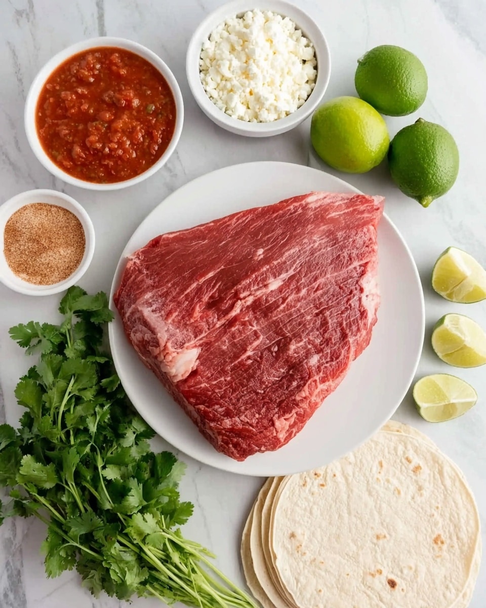 A white plate sits on a white marbled surface holding a large triangular piece of raw red meat with some fat spots. Surrounding the plate are fresh green cilantro bunches on the right, two whole limes and a white bowl of red salsa above, a small white bowl of white crumbled cheese below to the left, and a small white bowl of light brown spice mix next to the cheese. To the bottom right, there is a neat stack of white corn tortillas. photo taken with an iphone --ar 4:5 --v 7