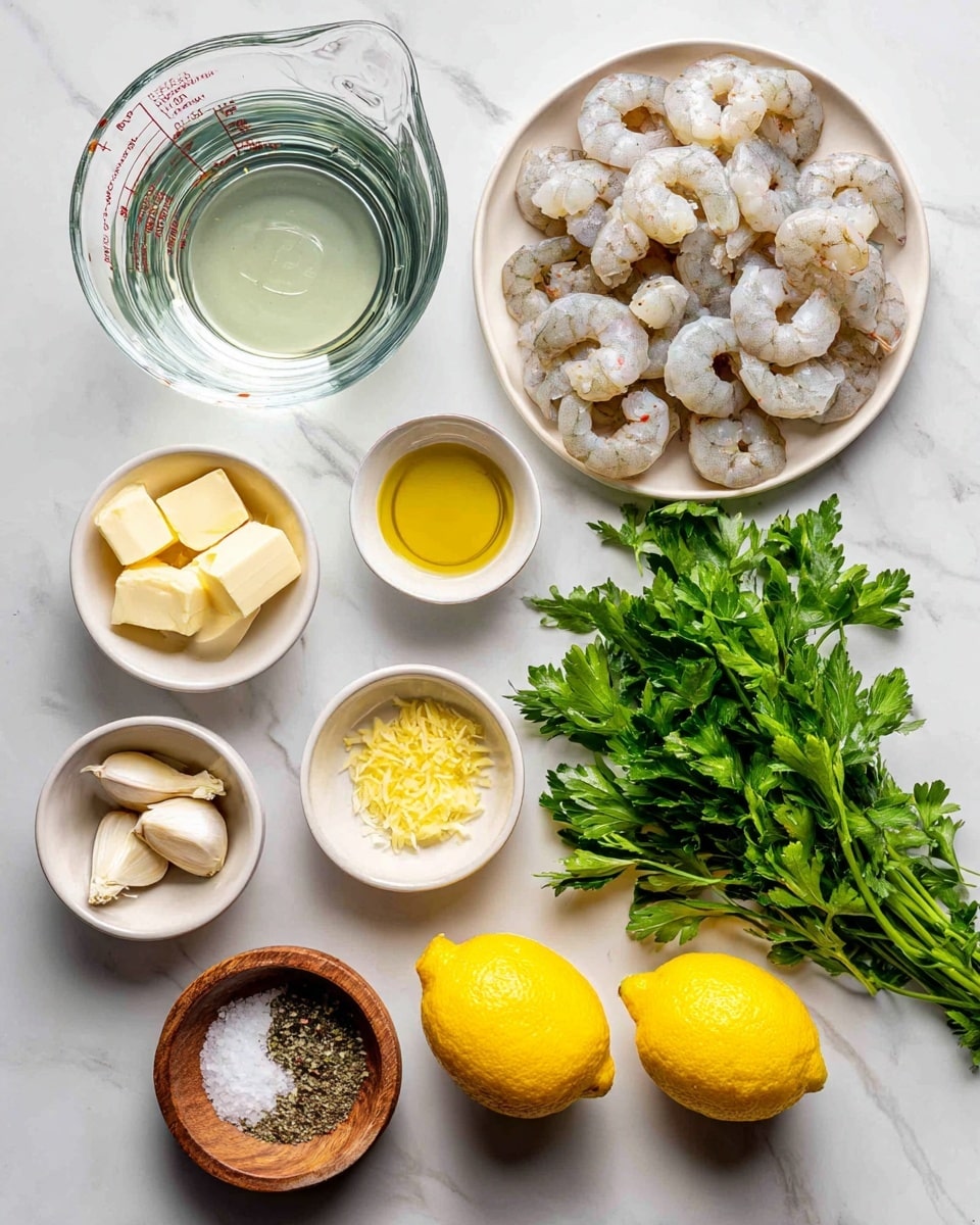 A top-down view of several small white bowls and a glass measuring cup arranged neatly on a white marbled surface, each holding a different cooking ingredient. Starting top center is a clear glass measuring cup filled with water. To the right is a white plate filled with uncooked shrimp showing pale grayish-white color with hints of pink and orange. At the bottom right are two halves of bright yellow lemons. Below the lemons is a bunch of fresh green parsley with vibrant leaves. In the center left, several small white bowls hold unsalted butter cubes, golden yellow olive oil, minced garlic pieces, and lemon zest with a bright yellow color in a small glass bowl. Near the bottom left are garlic cloves and a small wooden bowl with black pepper and salt. Everything is arranged on a clean white marbled background. Photo taken with an iphone --ar 4:5 --v 7