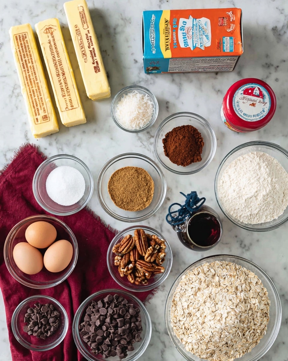 A top-down view of baking ingredients arranged neatly on a white marbled surface, including two sticks of unsalted butter in yellow wrappers at the top, a box of baking soda in orange and blue, a red-lidded container of ground cinnamon, and a glass bowl with shredded white coconut. Below these are small glass bowls holding brown sugar, white sugar, salt shaker, two brown eggs, pecan halves, dark chocolate chips, and milk chocolate chips. Larger bowls contain white flour, rolled oats, and a small dark bottle of vanilla extract with a tied blue string, all placed on and around a folded dark red cloth. photo taken with an iphone --ar 4:5 --v 7