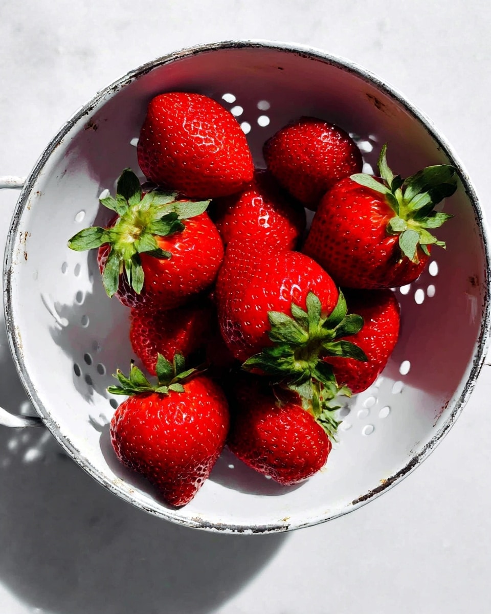 A white metal colander with small round holes and slightly worn edges holds a handful of fresh, bright red strawberries with green leafy tops. The strawberries are large and shiny, sitting closely together inside the colander. The colander is placed on a white marbled surface that reflects soft light, creating gentle shadows around it. The photo focuses from above, capturing the vibrant red and green contrast against the white colander and surface. photo taken with an iphone --ar 4:5 --v 7