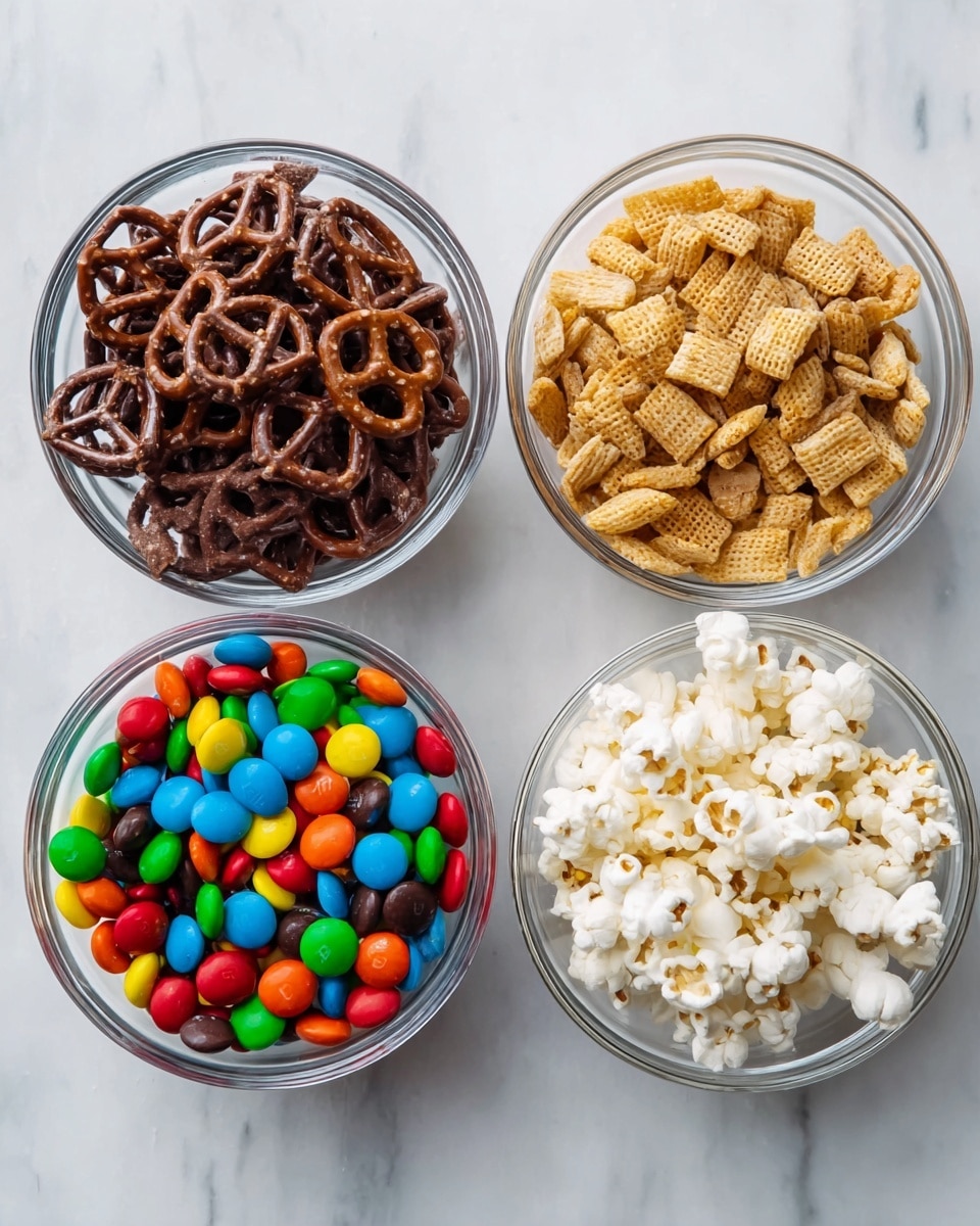 The image shows four clear glass bowls arranged in a square on a white marbled surface. The top left bowl is filled with dark brown chocolate-coated pretzels that have a rough texture. The top right bowl contains light tan and golden brown cereal pieces with a mix of square and round shapes. The bottom left bowl holds colorful candy-coated chocolates in bright red, green, blue, yellow, orange, and brown. The bottom right bowl has white popcorn with some light golden spots, showing a fluffy texture. photo taken with an iphone --ar 4:5 --v 7