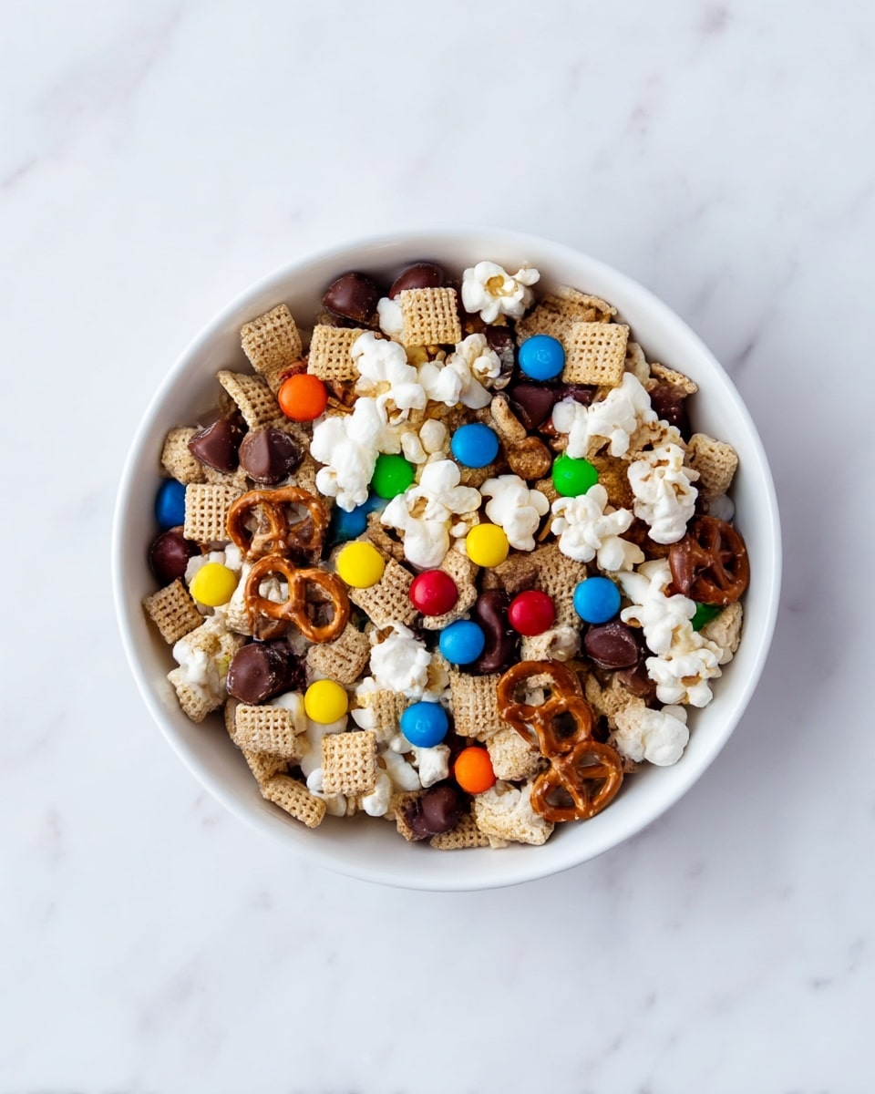 A round white bowl sits on a white marbled surface, filled with a colorful mix of snacks. The bottom layer contains small square pieces of light brown cereal with a rough texture. Scattered among the cereal are chocolate-covered pretzels in dark brown, each with a shiny, slightly bumpy coating. Brightly colored candy-coated chocolate pieces in red, yellow, green, blue, and orange are evenly spread across the bowl, adding vibrant spots of color. White popcorn with a fluffy, irregular texture is sprinkled on top, giving a soft contrast to the other textures and colors. The mix looks casual and inviting, with a good balance of crunchy and sweet elements, photo taken with an iphone --ar 4:5 --v 7
