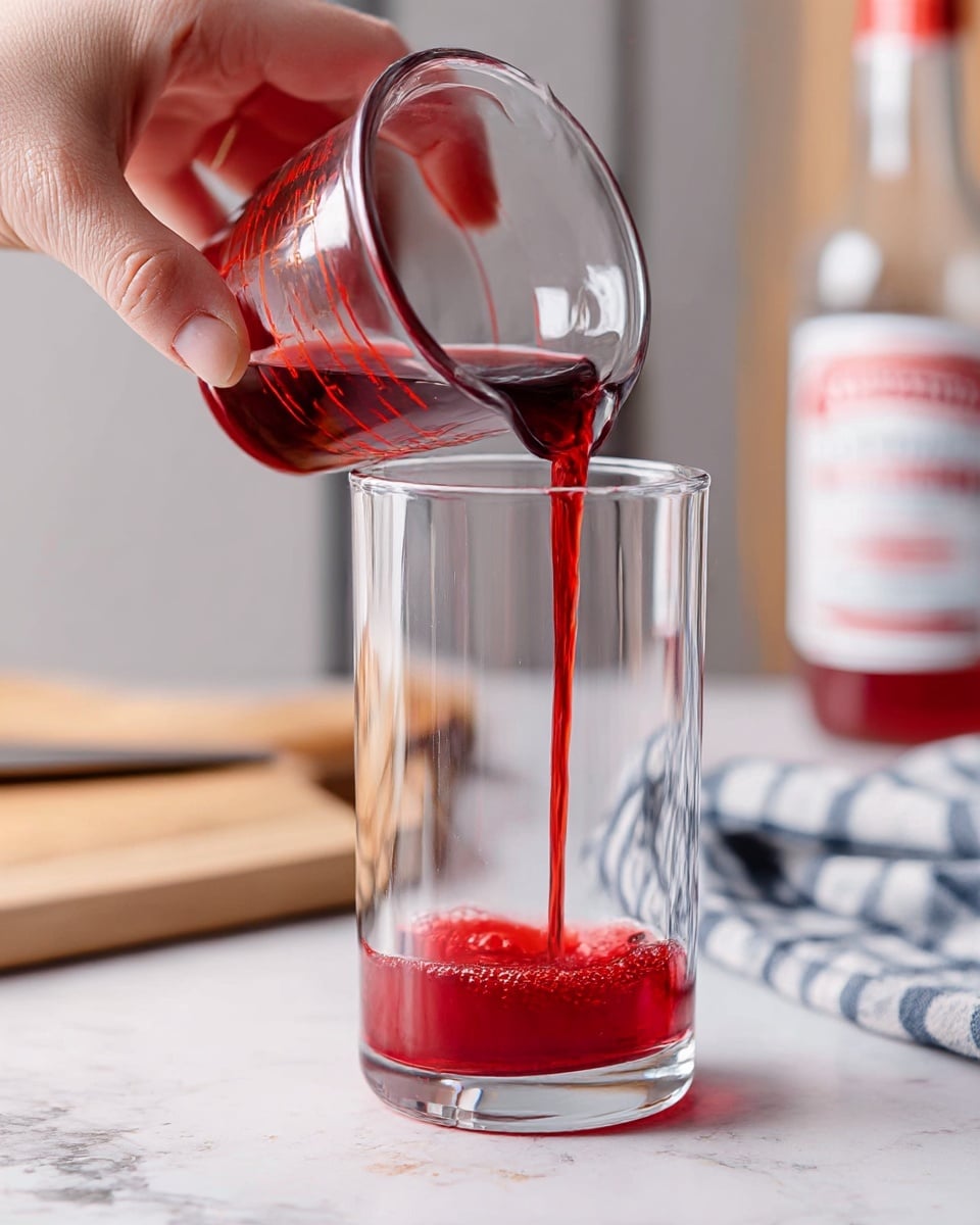A clear glass placed on a white marbled surface has a bright red liquid being poured into it from a small transparent measuring cup held by a woman's hand at the left side of the frame. The glass has a smooth texture and the liquid creates a thin stream flowing down into the bottom layer of the glass, forming a shiny red pool with some bubbles. In the blurred background, there is a bottle with a white label and red text, along with a wooden cutting board and a checkered cloth in the foreground. photo taken with an iphone --ar 4:5 --v 7