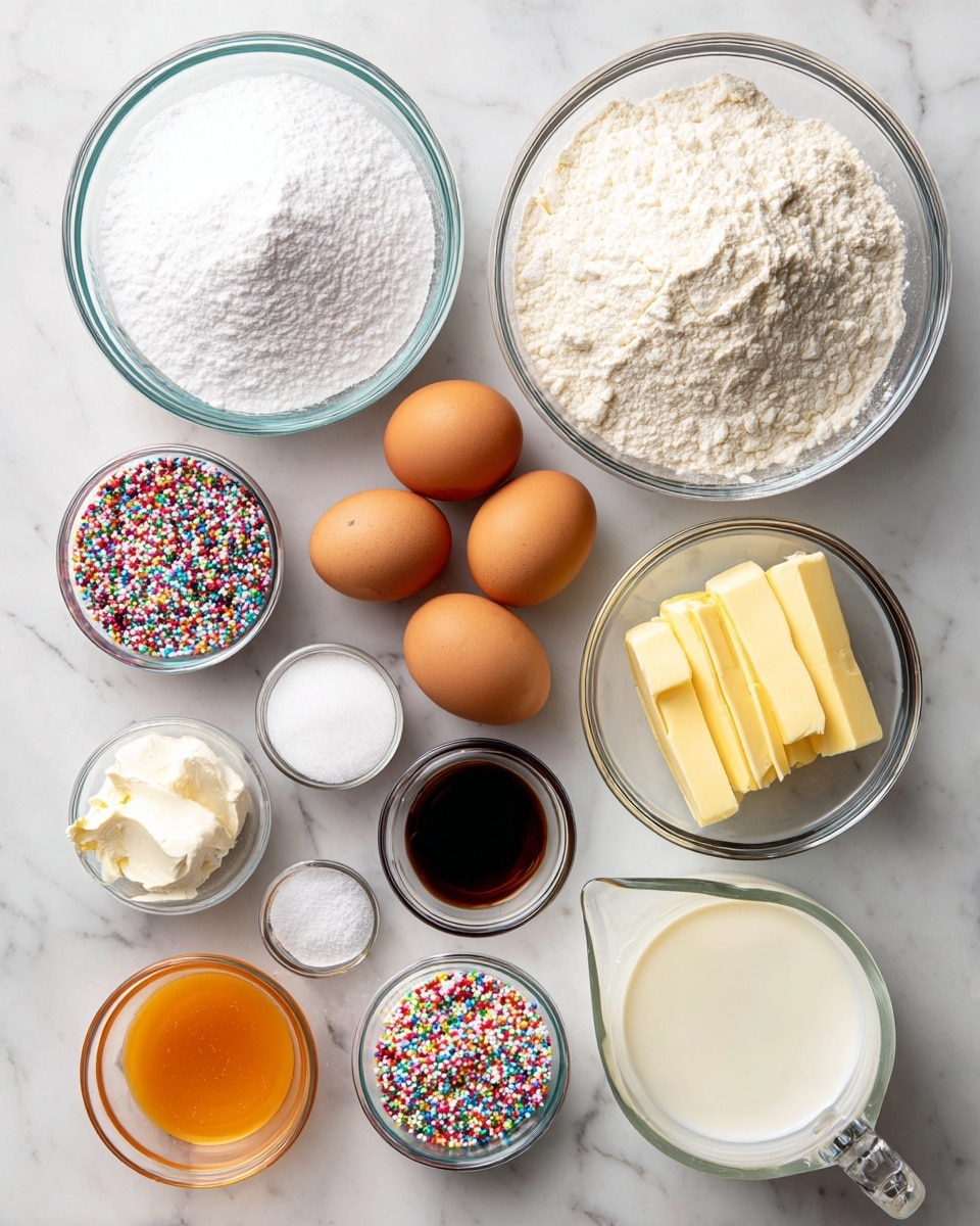 A top-down view of multiple baking ingredients neatly placed on a white marbled surface. There are two clear glass bowls filled with white sugar and cake flour, the sugar bowl positioned in the upper left and the cake flour bowl centered and larger. Four brown eggs lie clustered in the middle. To the right of the eggs, a clear glass bowl holds transparent egg whites. Below the egg whites, there are three light yellow butter sticks slightly overlapping. A small clear bowl with dark brown vanilla extract sits near the bottom left center, while two very small clear bowls contain white baking powder and white baking soda below the vanilla. There is another small metal bowl with salt to the left. A clear bowl filled with colorful sprinkles is placed at the bottom left. At the bottom right, a glass measuring cup holds white buttermilk, and nearby an orange bowl contains light yellow oil. Each ingredient has a plain white label with black text naming it. Photo taken with an iphone --ar 4:5 --v 7