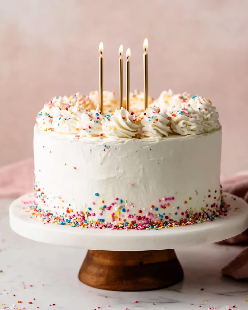 The image shows a round, two-layer white cake covered with smooth white frosting. The frosting has swirled textures all around the cake. Colorful small round sprinkles in red, blue, yellow, pink, and green cover the top and sides evenly. Five lit thin gold candles are placed on top, slightly spaced out. The cake sits on a white marble cake stand with a wooden base, set against a pale pink background. Photo taken with an iphone --ar 4:5 --v 7