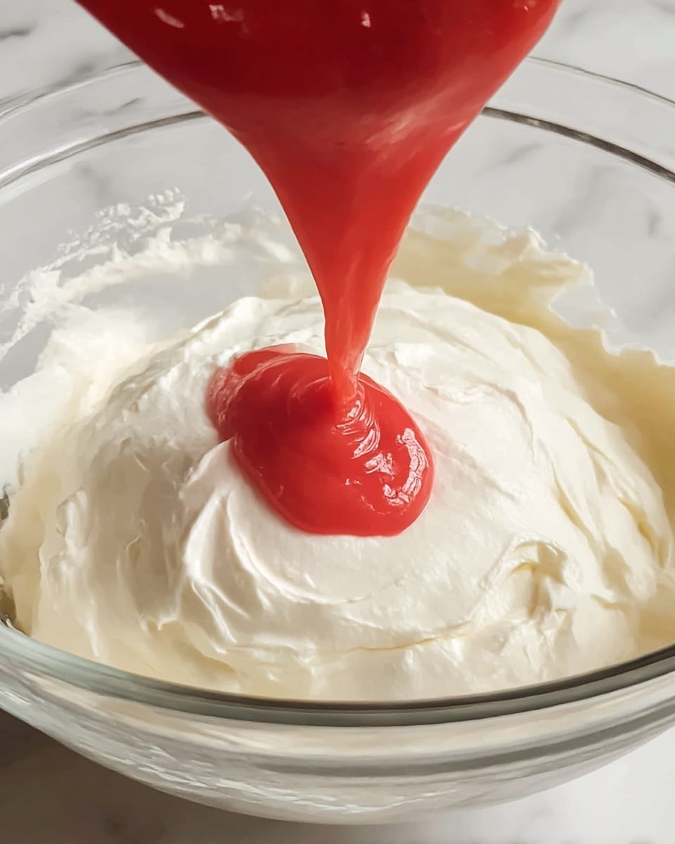 The image shows a clear bowl filled mostly with thick white cream that looks smooth and fluffy. On top of the cream, a bright red sauce with a smooth texture is slowly being poured, creating a small pool that gently flows over the white layer. The mix of creamy white and vibrant red colors stands out against the glass of the bowl, with some cream stuck lightly to the sides. The photo is taken close up, focusing on the contrast between the two layers and the motion of the sauce pouring. The background is a white marbled texture. photo taken with an iphone --ar 4:5 --v 7