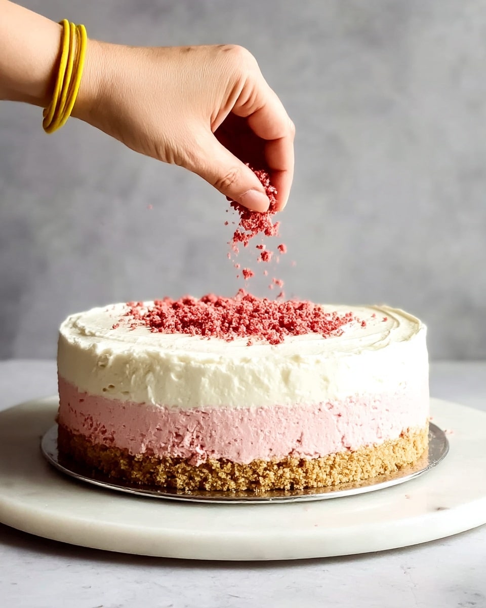 A round three-layer cake sits on a white marble surface on a silver tray. The bottom layer is a dense, crumbly light brown crust. The middle layer is a smooth pale pink cream that is thicker than the bottom crust. The top layer is a thick white cream, making up about a third of the cake’s height. A woman's hand wearing a yellow bracelet sprinkles fine red crumbs evenly over the white cream top, with some crumbs falling gently down onto the cake surface. The background is a soft gray texture. Photo taken with an iphone --ar 4:5 --v 7