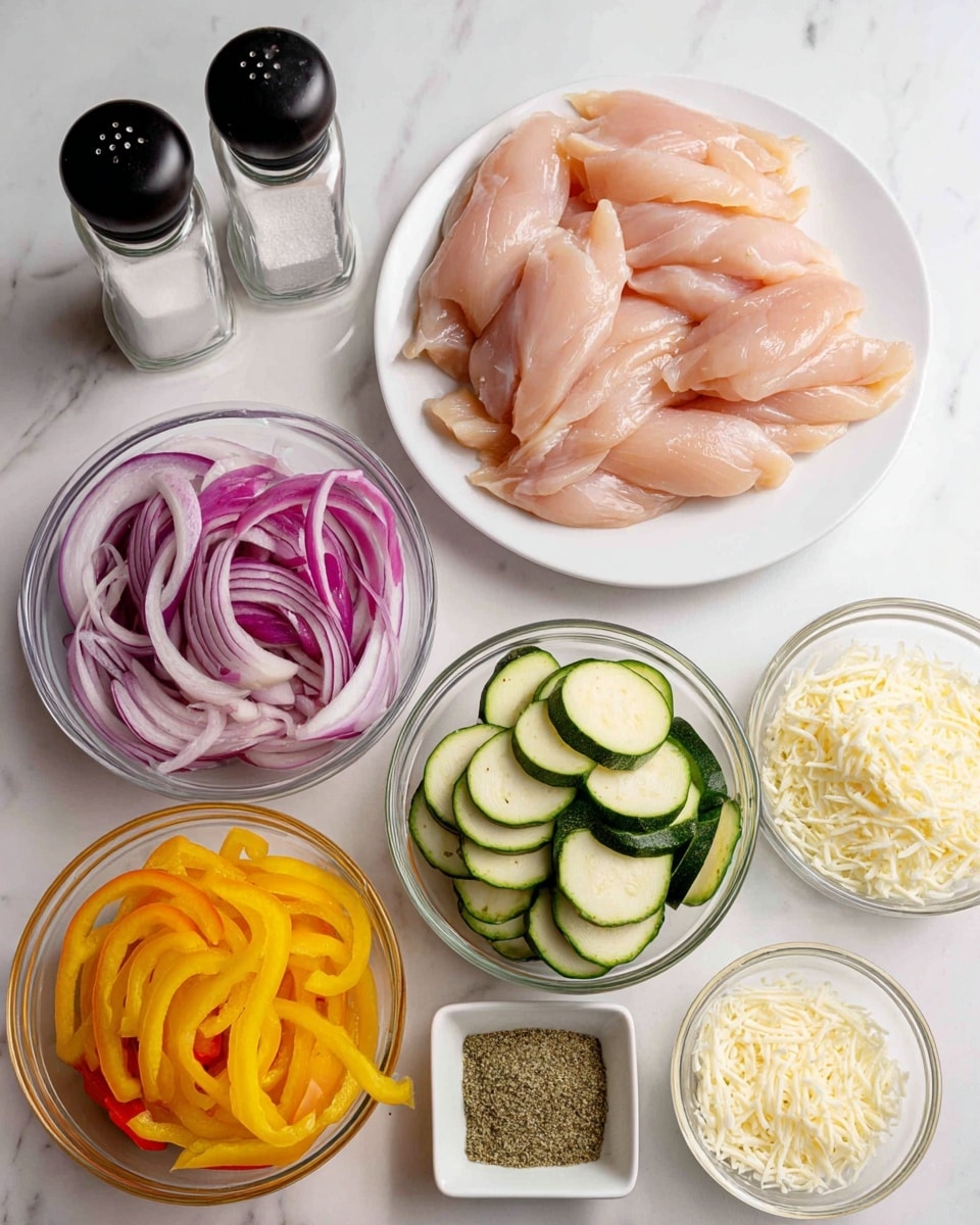 The image shows a white plate at the top left filled with raw chicken sliced into square patterns with a pale pink color and smooth texture. To the right, there are two clear glass bowls, one with sliced red bell peppers showing bright red thin strips and the other with salt and pepper shakers behind it, both with black tops and clear bodies. Below the chicken plate are three clear glass bowls with yellow bell peppers in bright yellow thin strips on the left, sliced red onion rings with a purple color and layered texture in the middle, and sliced zucchini with light green flesh and dark green edges in the right bowl. Below these are two smaller clear glass bowls with grated parmesan cheese that is white and powdery on the left, shredded mozzarella cheese in white thin strands on the right. At the bottom of the image are two small white square bowls holding light beige garlic powder on the left and dark green Italian seasoning on the right. All items are arranged neatly on a white marbled surface. photo taken with an iphone --ar 4:5 --v 7