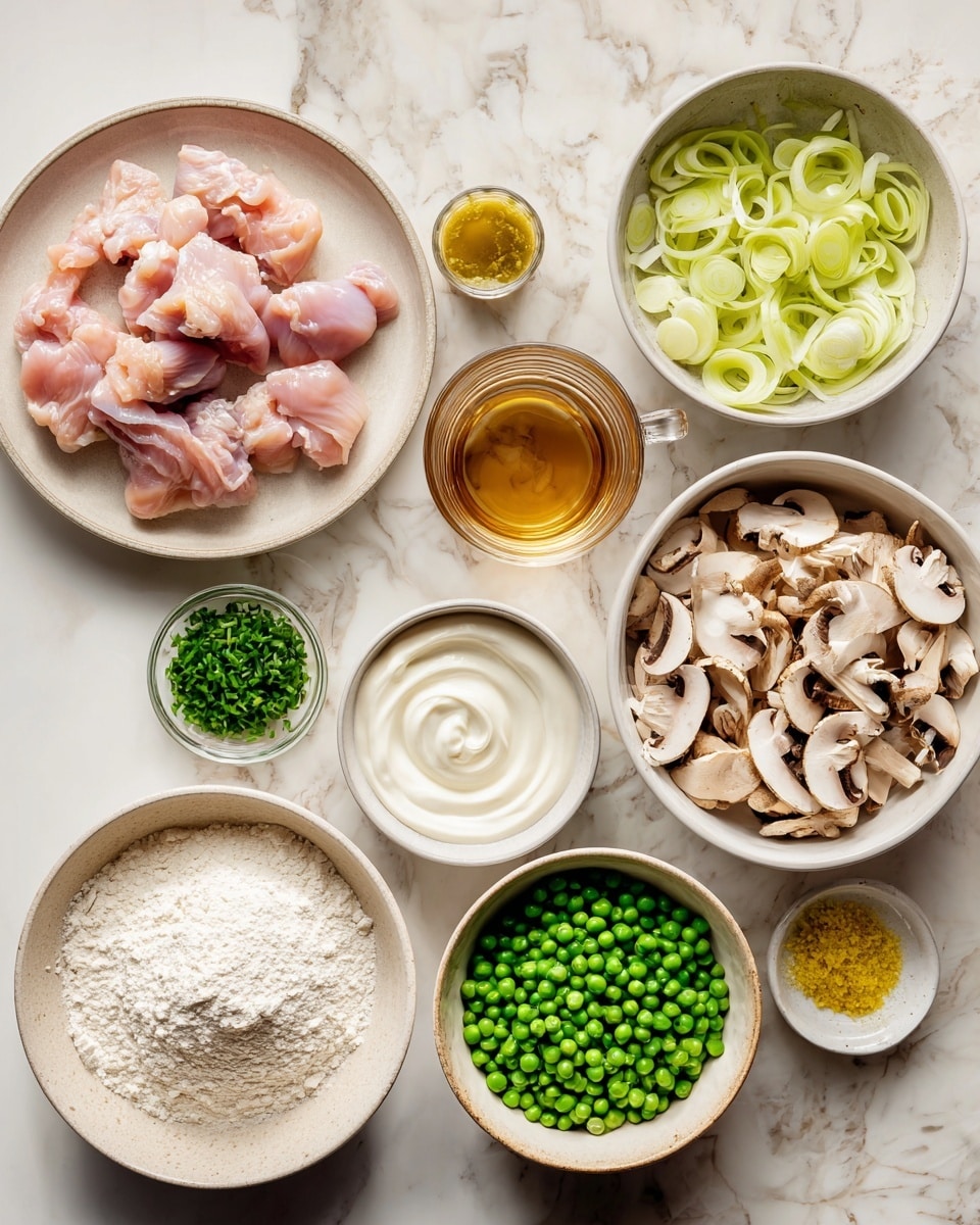 Several white bowls and plates are arranged on a white marbled surface. In the bottom left, a large beige plate holds raw pink chicken pieces. Above it to the right, a white bowl contains light green sliced leeks. To the right of the leeks, a white bowl is filled with a pile of white and light brown sliced mushrooms. Below the mushrooms, a glass mug holds a clear amber liquid. Next to the mug, a small clear bowl has a dollop of yellow mustard. Below the mustard, there is a beige bowl with bright green peas. Center bottom shows a white bowl filled with white flour. At the top center, a small white plate holds chopped green chives. To the left of the chives, a white bowl is filled with creamy white yogurt swirled with a bit of oil. Each item has a crisp, fresh texture, clearly visible from above. Photo taken with an iphone --ar 4:5 --v 7