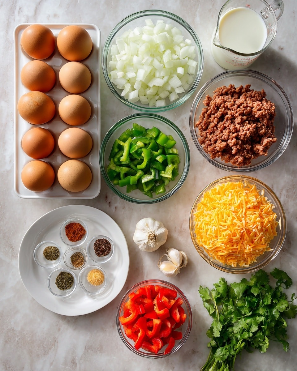 The image shows a variety of ingredients arranged neatly on a white marbled surface, including a tray with ten brown eggs in two rows on the left center, a glass bowl of chopped white onions to the far left, a small white plate with four different spices in small piles near the bottom left, a glass bowl of chopped green bell pepper at the top center, a glass bowl of ground meat to the right of the green peppers, and a glass bowl filled with shredded orange cheese near the right side. Below the cheese and meat bowls, there is a small bunch of fresh green cilantro, a glass bowl with chopped red bell peppers to the right of the cilantro, a small glass bowl holding two garlic cloves in the bottom right corner, and a glass measuring cup of milk near the top right. The scene is well-lit and organized for easy viewing photo taken with an iphone --ar 4:5 --v 7