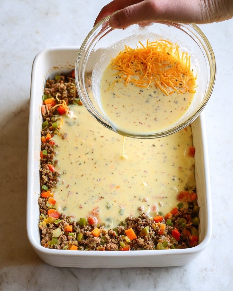 A white rectangular baking dish holds a layered casserole with the bottom layer made of cooked ground meat, small diced green and red bell peppers, and orange bits of cooked vegetables. On top, a creamy mixture with visible small specks of black pepper and bits of shredded orange cheese is being poured from a clear glass bowl held by a woman's hand. The creamy layer spreads evenly over the cooked meat and vegetables, creating a smooth pale yellow surface with some floating bits inside. The dish is set on a white marbled surface. photo taken with an iphone --ar 4:5 --v 7