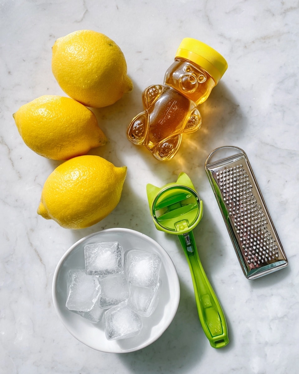 On a white marbled surface, four bright yellow lemons cluster together on the left side. Next to the lemons, slightly to the right, is a honey bottle shaped like a bear with a yellow cap, showing golden brown honey inside. Below the lemons, a clear white bowl holds large clear ice cubes stacked inside. To the right of the ice, a green lemon squeezer with a shiny inside is placed with its handles pointing downward. Next to the squeezer on the far right is a metallic grater with a green handle, its texture detailed with small holes. photo taken with an iphone --ar 4:5 --v 7