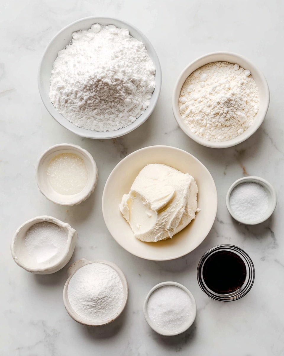 A top-down view of several small white bowls on a white marbled surface, each filled with different white or off-white baking ingredients arranged loosely in a spread. The largest white bowl at the top holds a fluffy mound of powdered sugar. To the right, a medium white bowl contains cake flour with a soft, slightly clumpy texture. Below, a smaller bowl holds smooth palm shortening shaped in a rounded scoop. Around these are smaller white bowls with fine white sugar, fine corn starch, cream of tartar powder, coarse salt, and baking soda. A small jar of dark artificial vanilla extract sits near the bottom right. Each ingredient is labeled with bold black text above or beside its bowl. The scene is bright and clean, with soft natural light, photo taken with an iphone --ar 4:5 --v 7