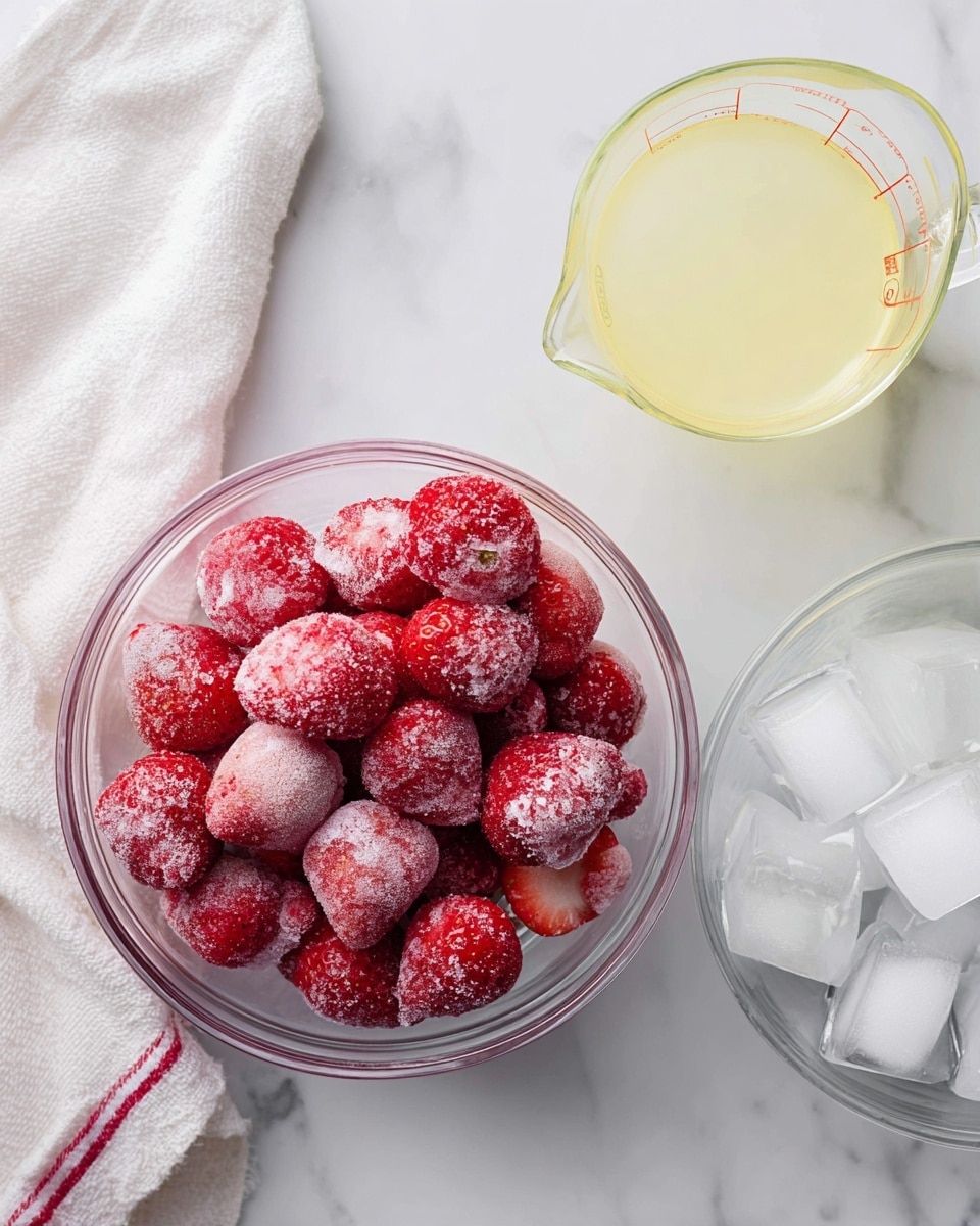 A clear glass bowl filled with whole frozen strawberries covered with frost is seen from above on a white marbled surface. To the right, there is another clear glass bowl containing several ice cubes. Above the ice bowl, there is a clear glass measuring cup filled with a light yellow liquid. All the items are arranged neatly with part of a white cloth partially visible to the left. Photo taken with an iphone --ar 4:5 --v 7