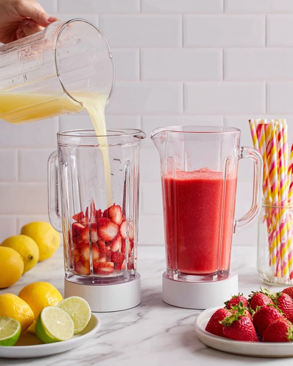 The image shows two side-by-side scenes on a white marbled surface with a white tiled background. On the left, a clear glass blender pitcher is filled with halved strawberries at the bottom, and a pale yellow liquid is being poured into it from a clear glass jug held by a woman's hand. On the right, the same blender pitcher is placed on a white blender base, now filled with a smooth red strawberry mixture. Around the blender are a white plate filled with yellow lemons and limes on the left side, and a small bunch of fresh strawberries with a glass container holding yellow and red striped paper straws on the right side. Photo taken with an iphone --ar 4:5 --v 7