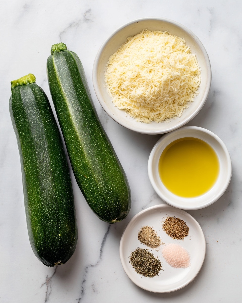 The image shows four main ingredients arranged neatly on a white marbled surface. On the left side, there are two whole zucchinis placed side by side, both dark green and smooth. Above them is a white bowl filled with finely grated Parmesan cheese, light yellow with a crumbly texture. To the right, there is a white plate with three small piles of spices—one light beige, one pink, and one black pepper mix—spread out separately. Below the plate is a small white bowl filled with golden yellow olive oil, smooth and shiny. photo taken with an iphone --ar 4:5 --v 7