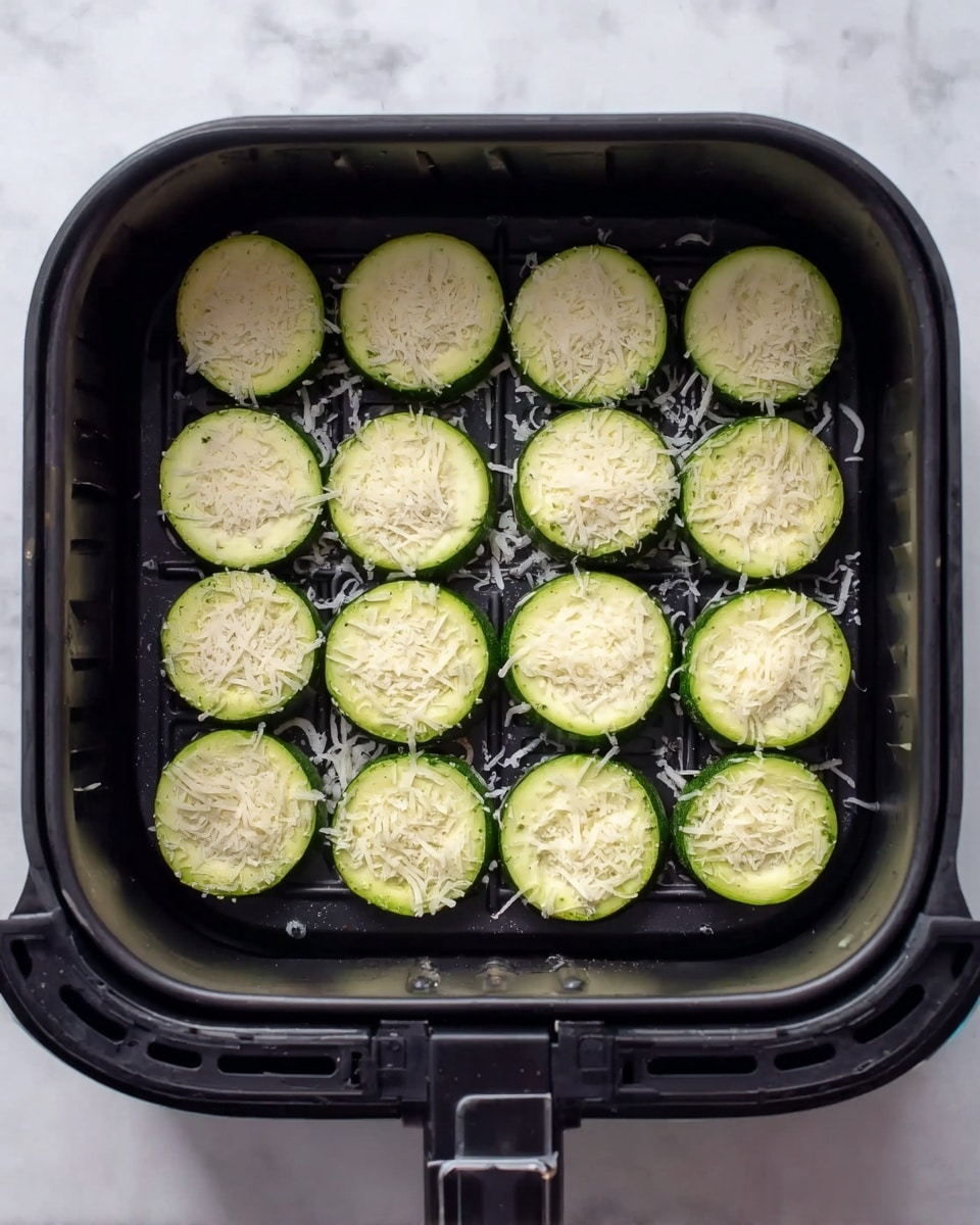 The image shows a black air fryer basket with two layers of green zucchini rounds neatly placed inside. Each zucchini slice is topped with a light layer of grated white cheese, spread evenly but not thickly. The zucchini pieces have a glossy, fresh texture and are arranged in a tight grid, filling the basket in three rows of five and one partial row. The air fryer basket sits on a white marbled surface that adds brightness to the scene. photo taken with an iphone --ar 4:5 --v 7