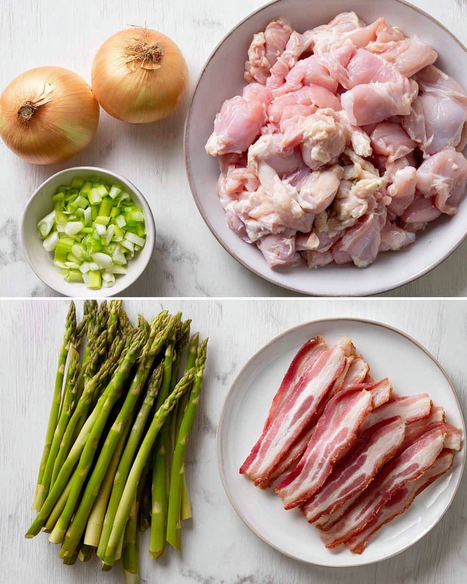 The image is divided into two parts, both set on a white marbled surface. The top part shows two white plates: a large one filled with raw, pink chicken pieces with visible texture and softness, and a smaller one holding chopped green onions with white bases and bright green tops, scattered naturally. The bottom part of the image displays four whole yellow onions with dry, papery skin placed on the left side, a bunch of long, fresh green asparagus spears arranged vertically next to the onions, and a white plate on the right side containing several strips of raw bacon with pink meat and white fat layers loosely piled together. photo taken with an iphone --ar 4:5 --v 7