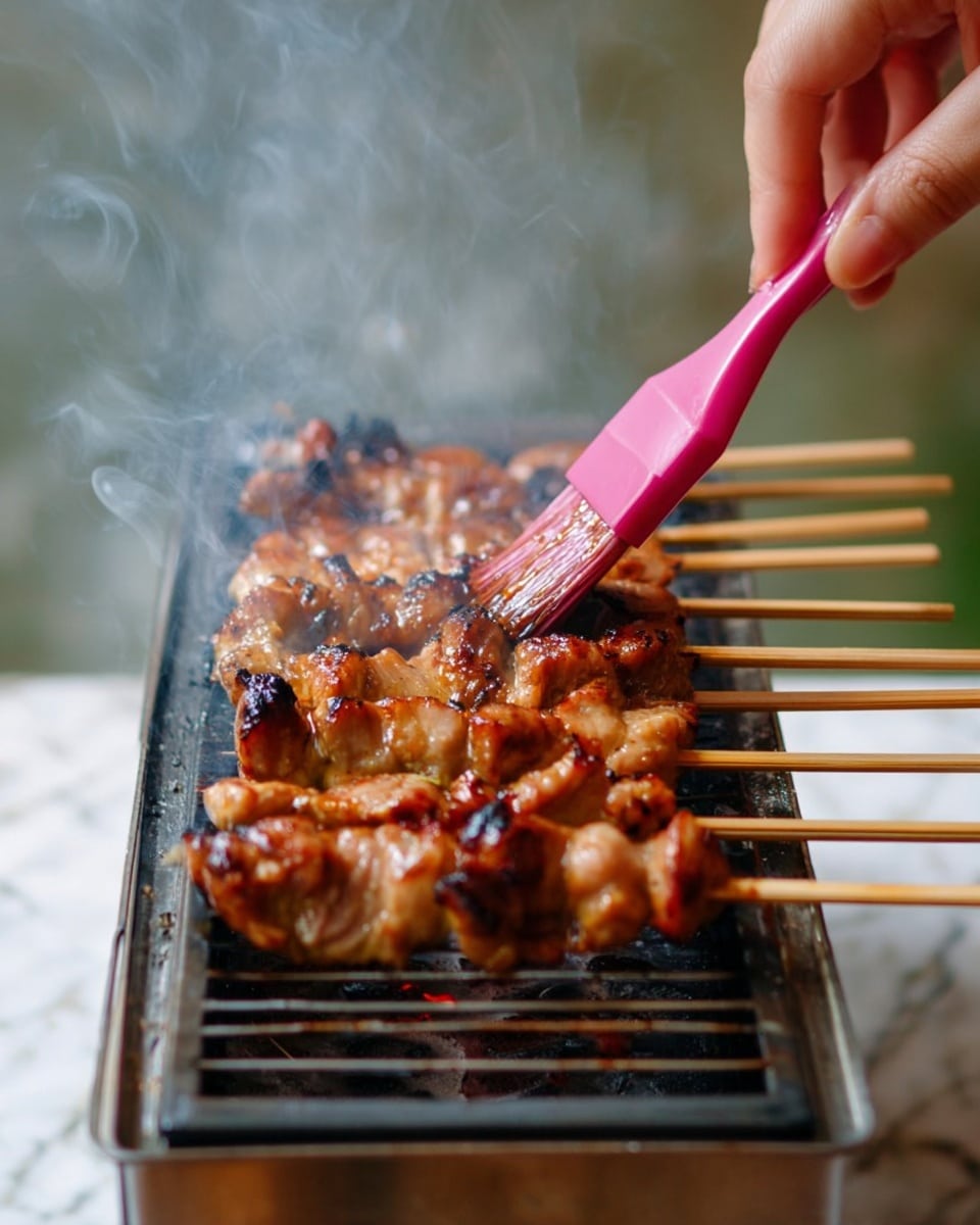 The image shows several wooden skewers lined up horizontally over a small metal grill with smoke rising from it. Each skewer has chunks of grilled meat that are golden and slightly charred with a glossy, saucy coating. A woman's hand is holding a pink brush applying sauce to the meat, adding shine to the textured, cooked pieces. The background is softly blurred with a white marbled texture underneath the grill. Photo taken with an iphone --ar 4:5 --v 7