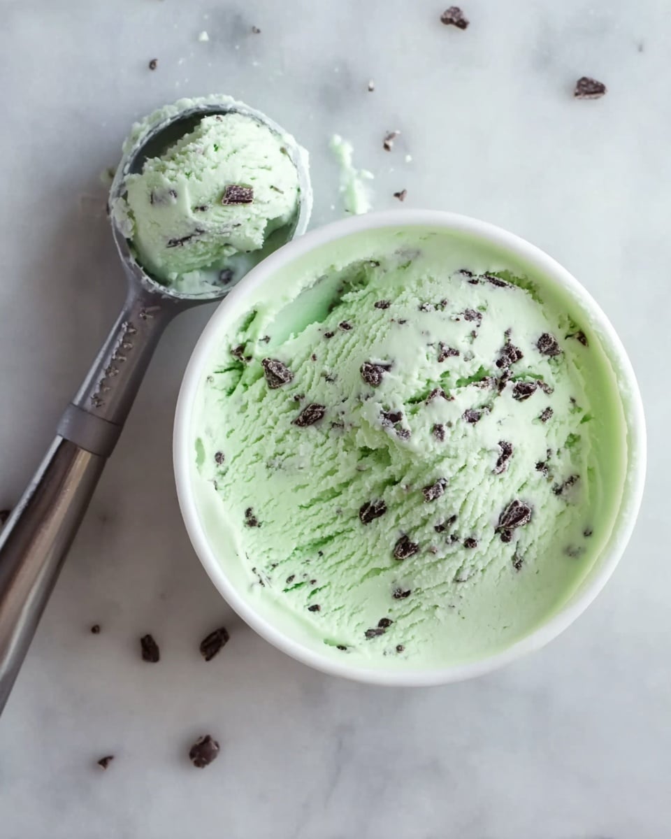 The image shows a white round container filled with light green mint chocolate chip ice cream. The ice cream is slightly scooped on the right side, showing its smooth texture and small dark chocolate chips sprinkled evenly throughout. Next to the container, on a white marbled surface, is a metal ice cream scoop with some ice cream residue on it. The scene has soft natural lighting that highlights the creamy texture of the ice cream. photo taken with an iphone --ar 4:5 --v 7