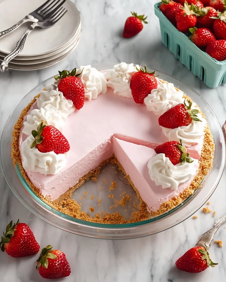 The image shows a round, three-layered dessert placed on a clear glass plate, on top of a white marbled textured surface. The bottom layer is a thick, crumbly, golden-brown crust forming the base and edges. Above the crust is a smooth, light pink creamy layer that fills the pie. On top, there are six evenly spaced white whipped cream dollops, each adorned with a half red strawberry with green leaves. One slice is cut and slightly pulled out, showing the creamy pink layer and the crust beneath. Nearby, there is a carton of whole bright red strawberries and several scattered strawberries on the surface. To the left, there are a few stacked white plates with forks on top. Photo taken with an iphone --ar 4:5 --v 7