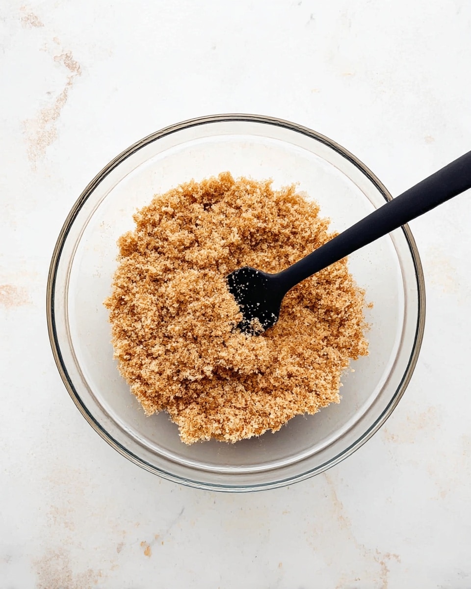 A transparent glass bowl sits on a white marbled surface, filled with a crumbly mixture of light brown and tan grains. A black spatula rests inside the bowl, partially mixing the crumbly textured contents. The overall image shows the mixture with a slightly uneven spread in the bowl, capturing the rough texture of the crumbs and the smooth handle of the spatula. photo taken with an iphone --ar 4:5 --v 7