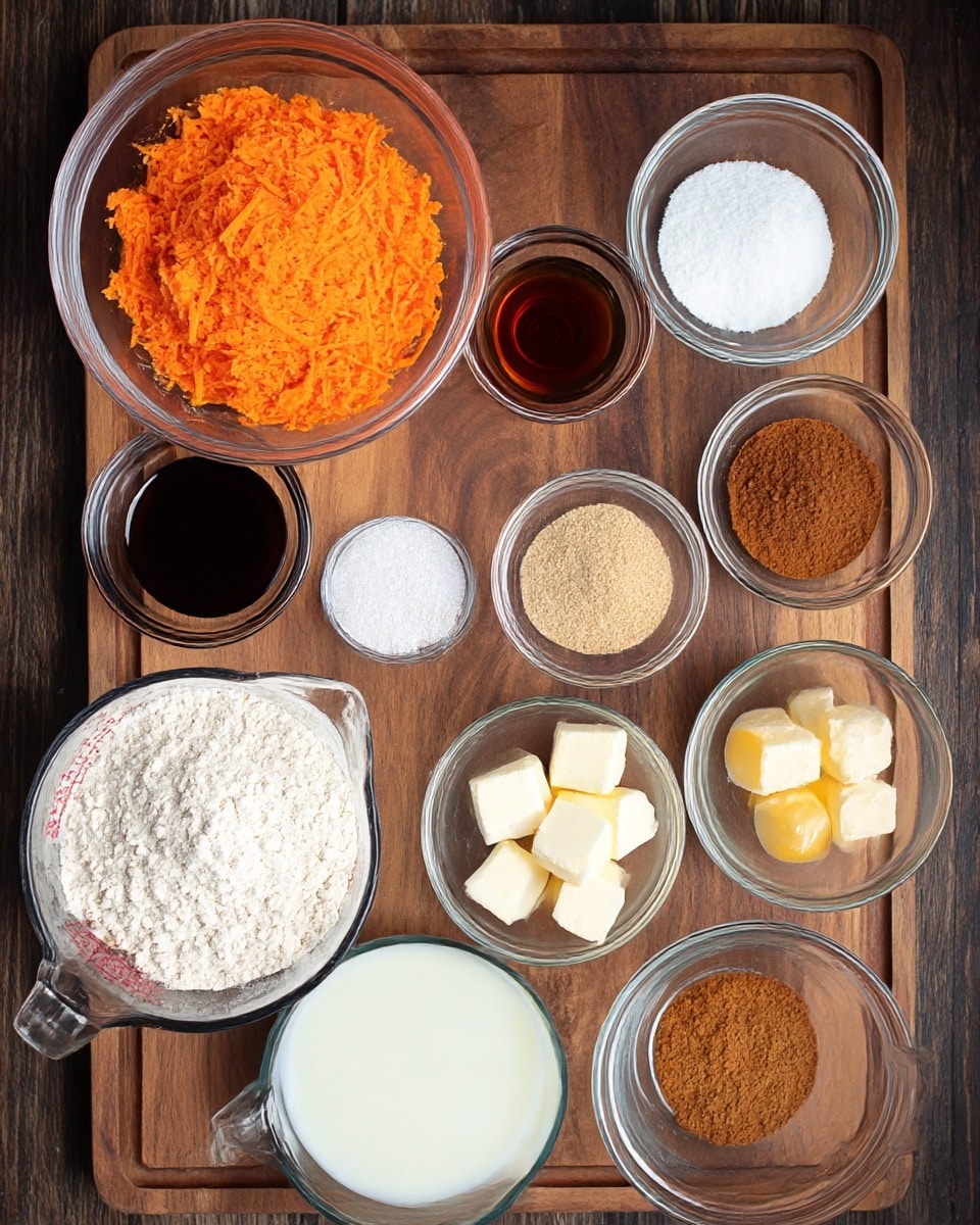 A wooden board holds eight glass and plastic bowls with different baking ingredients arranged neatly. In the top left, there is a plastic bowl filled with bright orange shredded carrots. Next to it, a small glass bowl contains dark brown liquid, likely vanilla extract. To the right, a small glass bowl holds two types of brown powders, probably spices. Below that, another small glass bowl is filled with light brown sugar. Right below is a small glass bowl of white granulated sugar. Below that, a small glass bowl has five white chunks of butter. At the bottom left, a large glass measuring cup is filled with white flour. Next to it, a glass measuring cup is filled with white milk. Lastly, in the center, a medium glass bowl contains three raw eggs with yellow yolks visible. The surface is a dark wooden texture. photo taken with an iphone --ar 4:5 --v 7
