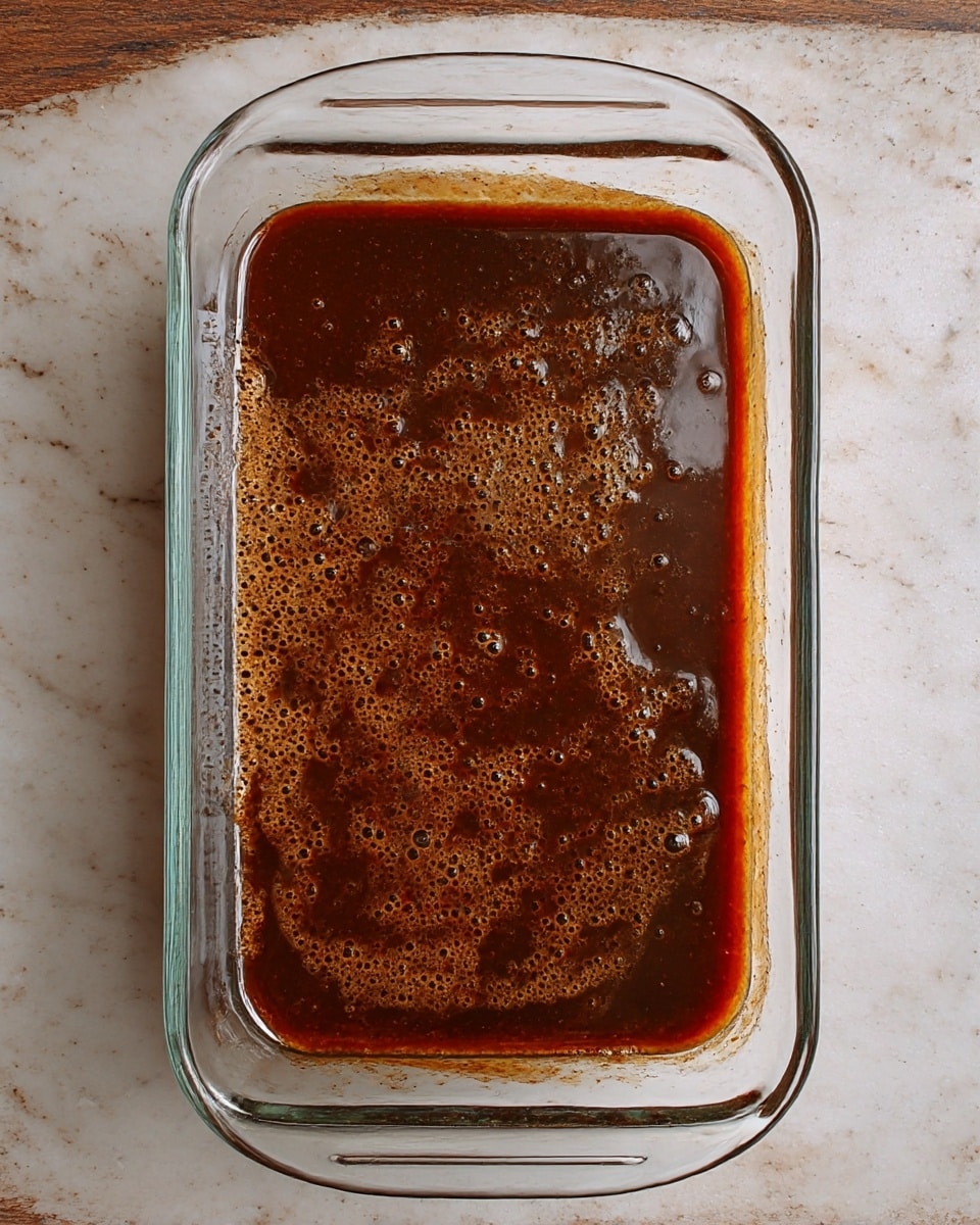 A clear rectangular glass baking dish filled with one layer of smooth, shiny dark brown sauce that has tiny bubbles and a slightly oily surface, placed on a white marbled textured surface photo taken with an iphone --ar 4:5 --v 7
