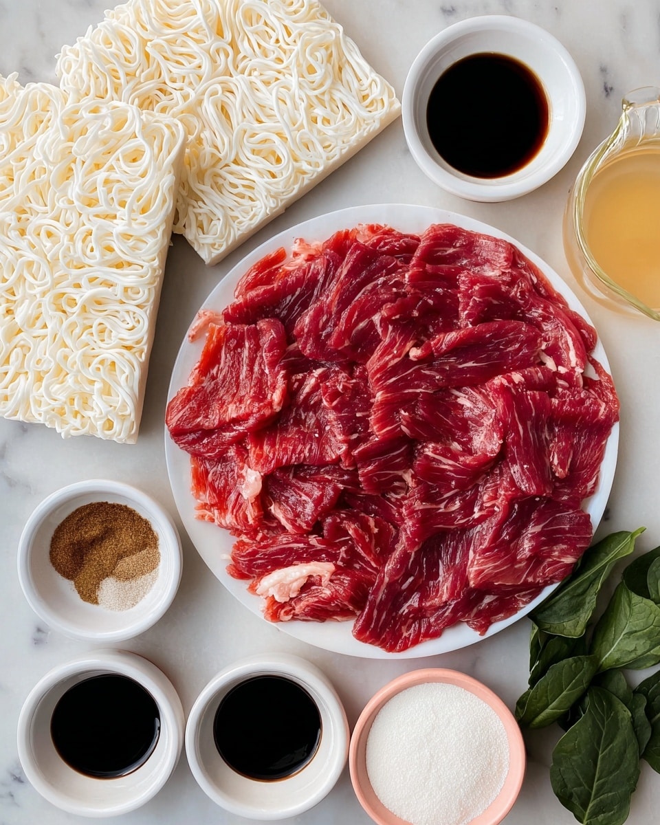 A white plate holds many thin slices of red raw beef layered loosely, showing some light fat lines and a mix of deeper and lighter red shades. Around the plate on a white marbled surface, four rectangular blocks of dry white noodles with a wavy texture are placed. There are six small white bowls with different ingredients: one filled with dark soy sauce, another with brown sugar, a bowl of black pepper, a bowl of dark black sauce, and a measuring cup partly filled with a light yellow liquid. A small pink bowl contains a white powder. Some green spinach leaves peek from the top right corner. photo taken with an iphone --ar 4:5 --v 7