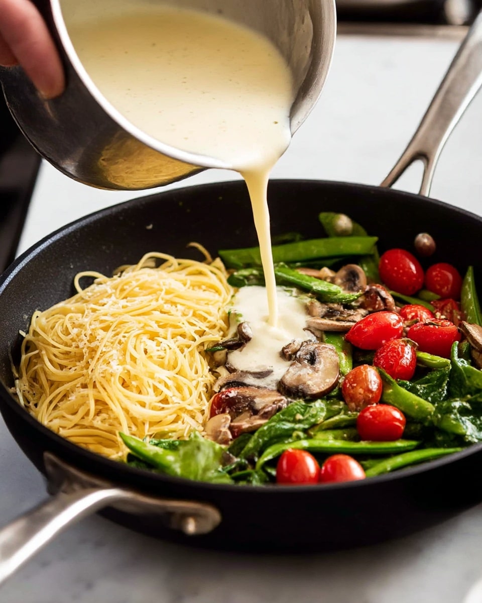 A black frying pan filled with three visible layers: on the left, a nest of pale yellow cooked spaghetti, in the middle and right, bright green leafy vegetables and snap peas mixed with sliced mushrooms and halved red cherry tomatoes, and a smooth, creamy white sauce being poured from a silver pot onto the vegetables. The background and surface are white marble, and a woman's hand is holding the pot handle. Photo taken with an iphone --ar 4:5 --v 7
