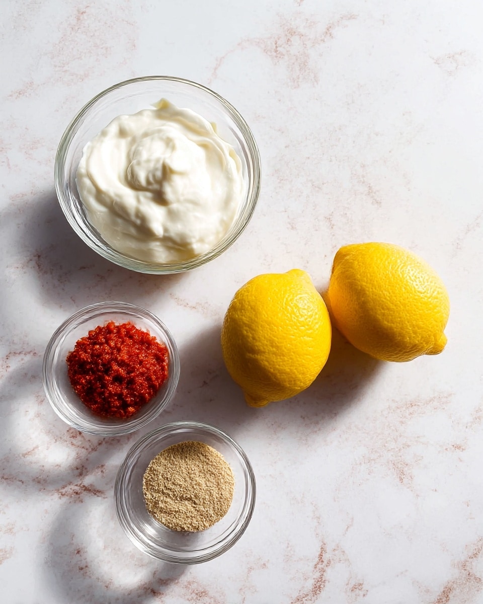 The image shows four items placed on a white marbled surface. In the top left, there is a clear glass bowl filled with thick, white creamy yogurt. To the right, there is a small clear glass bowl containing a red, chunky paste with a slightly rough texture. Below this bowl is another small clear glass bowl filled with a fine, light brown powder. In the middle of the image, two whole bright yellow lemons with smooth skin rest side by side. The lighting highlights the texture and colors of all items clearly. Photo taken with an iphone --ar 4:5 --v 7