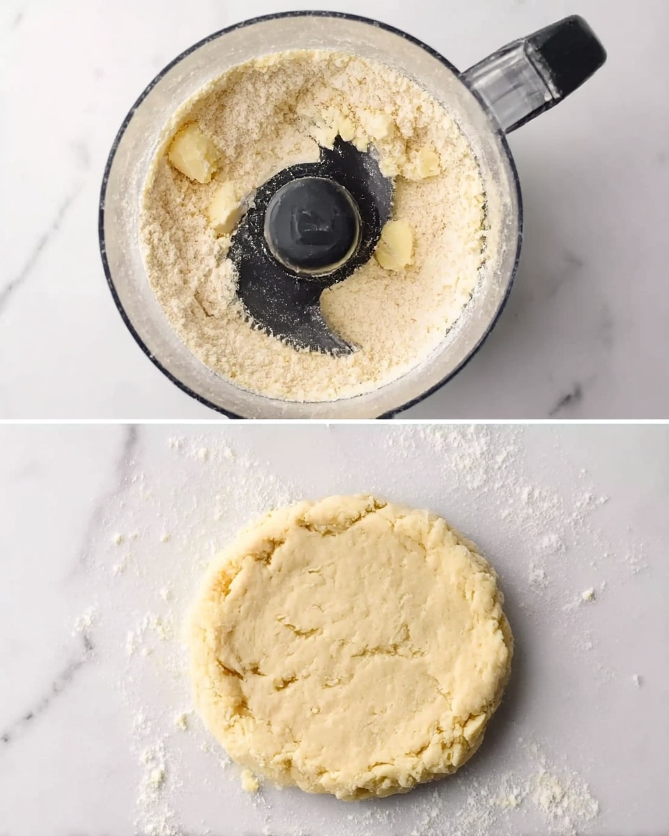 The image shows two scenes stacked vertically on a white marbled surface. The top scene features a food processor bowl filled with light beige flour mixed with chunks of butter or shortening, with the black blade visible in the center. The bottom scene shows a flattened, round disk of dough, pale yellow in color, lying on a floured white marbled surface with loose flour sprinkled around it. The texture of the dough looks soft but slightly crumbly. photo taken with an iphone --ar 4:5 --v 7