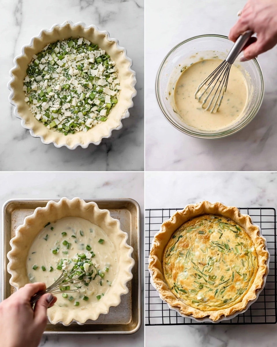 The image collage shows the process of making a savory pie in four parts on a white marbled surface. In the first part, a white pie crust in a fluted edge dish sits on a baking tray, filled with small green vegetable pieces and white cheese bits, arranged evenly. The second part shows a woman's hand holding a whisk mixing a light beige liquid batter with green herbs in a clear glass bowl. The third part shows a woman's hand pouring the light beige mixture over green vegetable pieces inside the same pie crust on the baking tray, filling it evenly. The fourth part shows the finished golden brown pie with visible green vegetables inside a white fluted pie dish on a cooling rack, appearing fully baked and set. Photo taken with an iphone --ar 4:5 --v 7