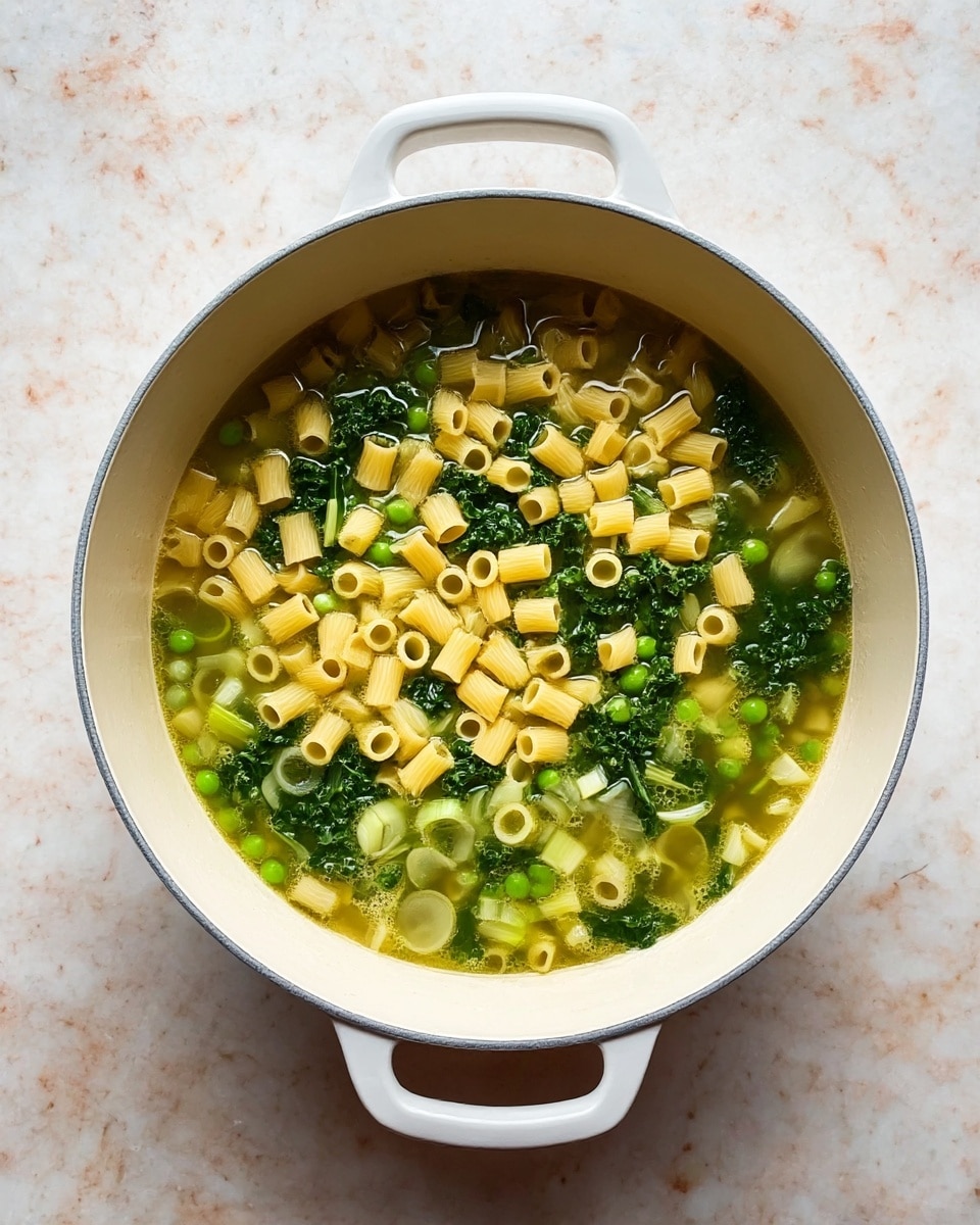 A white pot with two handles holds a soup with layers of light yellow small tube pasta resting on top of a green vegetable broth filled with round green peas, sliced light green leeks, and dark green kale pieces. The soup liquid is clear with a slight yellowish tint, showing all the ingredients inside. The pot is placed on a white marbled surface. photo taken with an iphone --ar 4:5 --v 7