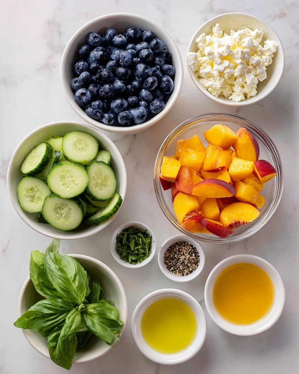 A top-down view of several small white bowls and one transparent bowl arranged on a white marbled surface. The clear bowl in the center holds bright orange and red diced peaches with skin. To the left, a white bowl is filled with dark blue blueberries, and below it is a glass bowl with green English cucumber slices with smooth skin. Above the peaches is a white bowl of crumbled white feta cheese. To the right of the feta are green fresh basil leaves. On the right side, there are five small white bowls arranged in two rows: the top row has yellow olive oil, clear fresh lemon juice, and a small amount of pale yellow Dijon mustard; the bottom row holds golden honey, finely chopped green basil, and a mix of salt and pepper in black and white specks. Each bowl’s contents are clearly visible and neatly placed, with the colors contrasting on the white marbled background. Photo taken with an iphone --ar 4:5 --v 7