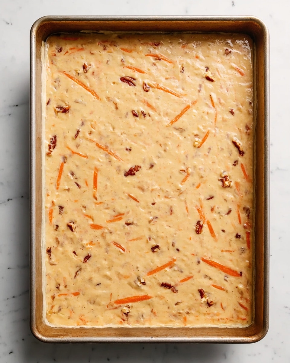 The image shows a metal baking tray filled evenly with a thick, light beige batter that has small orange carrot pieces and darker brown bits, likely nuts, mixed throughout. The batter covers the whole tray smoothly with small textures where the carrots and nuts are visible beneath the creamy surface. The tray rests on a white marbled surface with no other items nearby, highlighting the rustic and homey feel of the dish photo taken with an iphone --ar 4:5 --v 7