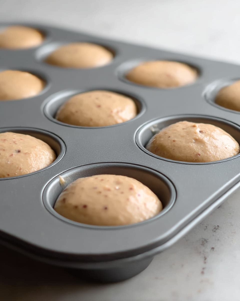 A gray metal donut baking tray with nine round sections is filled with light brown batter, each section almost full and smooth on top with small visible bits in the batter. The tray is on a white marbled surface, with batter slightly touching the edges of some cavities. The lighting is soft, focusing on the closest sections of the tray while the background is blurred. photo taken with an iphone --ar 4:5 --v 7