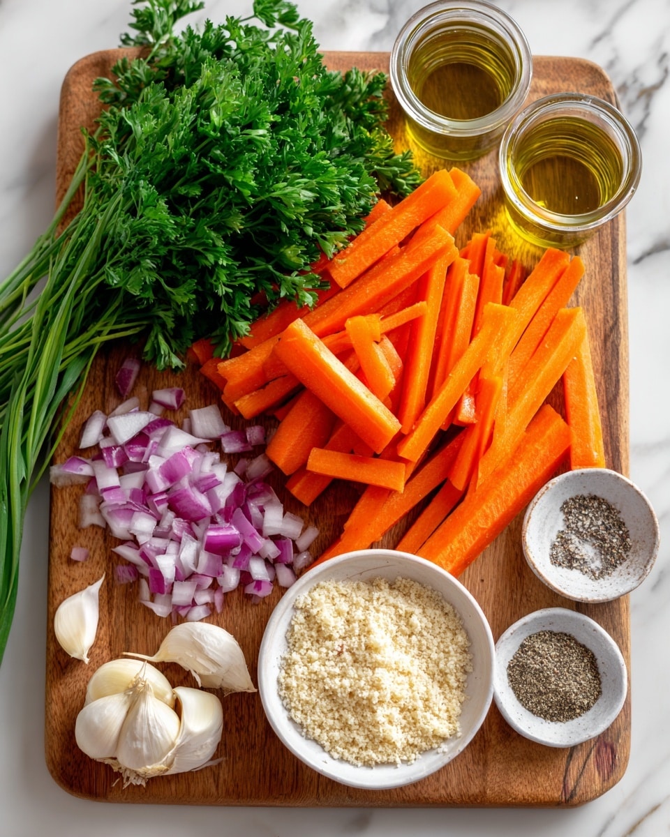 The image shows a wooden board on a white marbled surface with ingredients neatly arranged: a large pile of bright orange carrot sticks lies in the center and right side, fresh deep green parsley sprigs resting on top and slightly to the left; chopped red onion pieces with purple and white layers are placed in the bottom left corner; three whole garlic cloves with smooth beige skin sit beside the onions; a small white bowl filled with light beige panko breadcrumbs is at the bottom right; glass containers of salt, pepper, and olive oil are blurred in the background behind the parsley. photo taken with an iphone --ar 4:5 --v 7