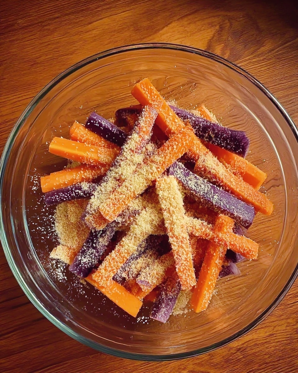A clear glass bowl holds several carrot sticks and some pieces of purple vegetable, arranged loosely in one layer. The vegetables are sprinkled evenly with a light tan powder, likely a grated cheese or seasoning, creating a fine layer over the top. The bowl sits on a warm wooden surface. photo taken with an iphone --ar 4:5 --v 7