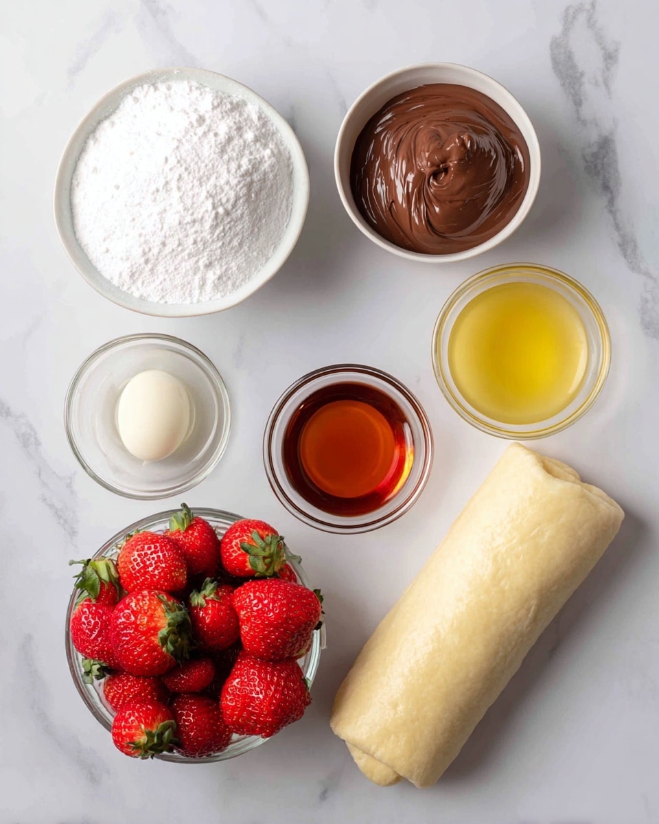 The image shows ingredients arranged on a white marbled surface: a white bowl filled with white icing sugar at the top left, a small clear bowl with thick, shiny brown Nutella to the right of it, a small clear bowl with light yellow beaten egg wash below the Nutella, a small clear bowl with pale lemon juice below the egg wash, a carton of bright red strawberries with green caps at the bottom left, and a rolled sheet of pale, smooth puff pastry at the bottom right. Each item is spaced evenly with clear labels in black text beside them. Photo taken with an iphone --ar 4:5 --v 7