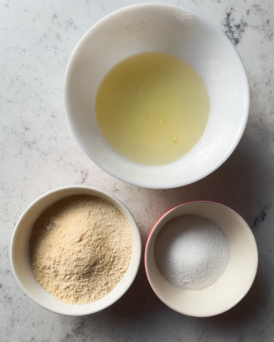 Three bowls sit on a white marbled surface, arranged close but not touching. The largest bowl, white and semi-transparent, holds a small amount of pale yellow liquid with a slightly oily texture at its base. To its right, a medium white bowl contains two types of powders layered but not mixed: a light tan powder on top and a softer white powder underneath, creating a natural gradient. Below these, a smaller white bowl filled with fine white granules, likely sugar, is placed. The overall arrangement shows clear, simple ingredients staged for baking or cooking, with soft natural lighting highlighting the textures. Photo taken with an iphone --ar 4:5 --v 7