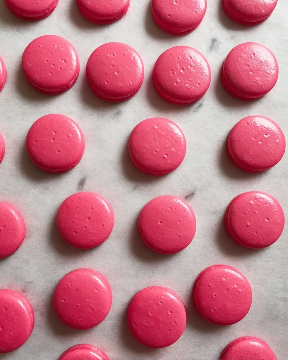 The image shows a single white tray or baking sheet covered with evenly spaced rows of round, bright pink macaron shells before baking. Each shell is smooth, shiny, and has a slightly domed shape with small pores on the surface. The shells are arranged in neat horizontal lines on parchment paper that covers the tray. The background is a white marbled texture. photo taken with an iphone --ar 4:5 --v 7