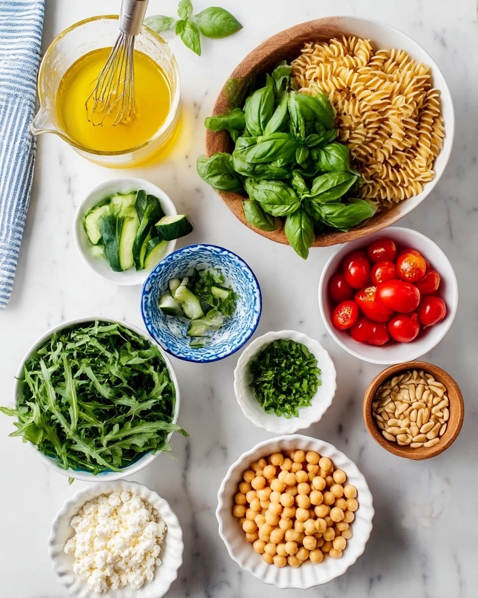 The image shows nine bowls and a glass cup on a white marbled surface, arranged in a grid style. Starting from the top left, there is a glass cup with a yellow liquid and a whisk inside, next to it a white bowl filled with light brown spiral pasta. Below the cup, a wooden bowl holds fresh green basil leaves. To the right of the basil, a white bowl has green cucumber slices. In the middle row left, a small white bowl with blue edges contains chopped green herbs. Next to it, a white bowl is filled with halved red cherry tomatoes. To the right, a wooden bowl holds light brown chickpeas. On the bottom left, a small wooden bowl is filled with white crumbled cheese. Next to it, a white scalloped bowl contains green arugula leaves, and finally, a small white bowl on the bottom right holds tan-colored pine nuts. The whole setup is on a clean white marbled surface with a folded striped blue and white cloth on the top left corner. photo taken with an iphone --ar 4:5 --v 7