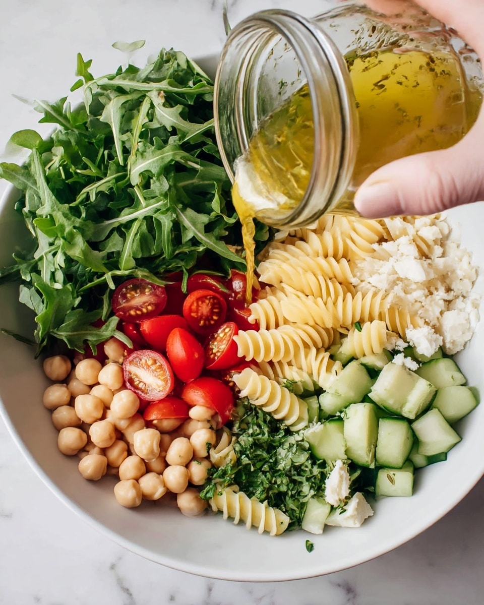 A white bowl holds a colorful layered salad. On the top left, there is a pile of fresh green arugula leaves. Below the arugula, bright red cherry tomatoes are shown, some halved to reveal their juicy insides. At the bottom left, there are pale beige chickpeas. Adjacent to the chickpeas at the bottom right, chopped slices of light green cucumbers sit with some fresh green herbs mixed in. Above the cucumbers, there is a serving of pale yellow spiral pasta. Near the top right, small white chunks of cheese are scattered. A woman's hand is pouring a golden yellow vinaigrette with visible herbs from a clear glass jar over the salad. The bowl is set on a white marbled surface. Photo taken with an iphone --ar 4:5 --v 7