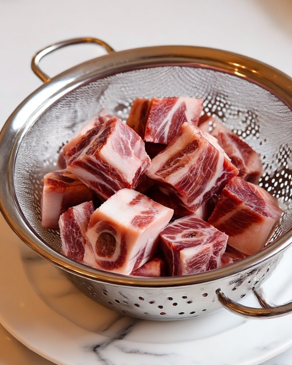 Chunks of raw meat with red and white marbled fat are shown inside a silver metal strainer with small holes. The meat pieces are thick and uneven, stacked loosely. The strainer rests on a white plate with a white marbled surface underneath, and the background is light-colored and plain. Photo taken with an iphone --ar 4:5 --v 7