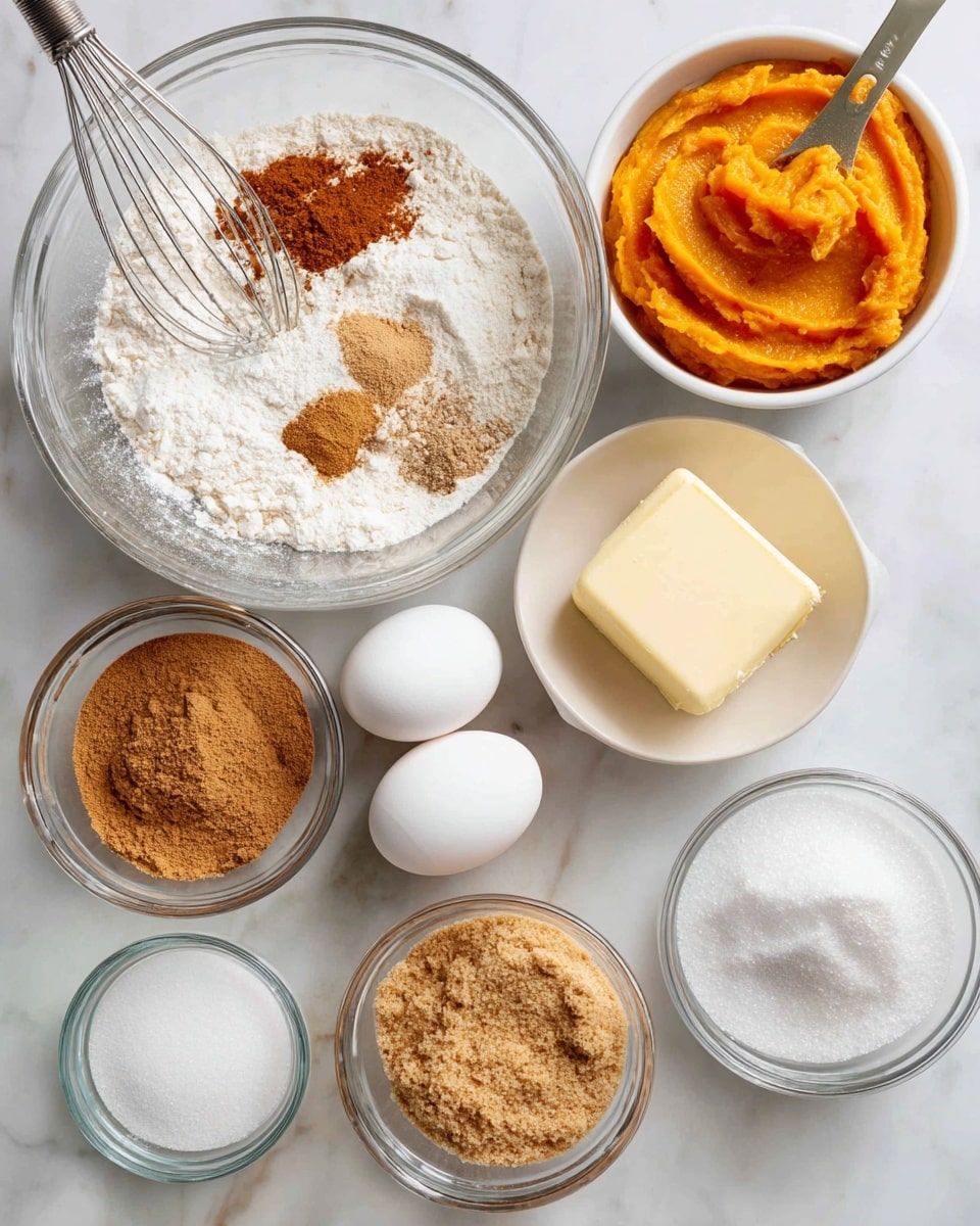 The image shows several clear glass bowls and white bowls arranged on a white marbled surface, each filled with different baking ingredients. One white bowl holds a mix of dry ingredients with a whisk on top, featuring white flour and light brown spices like cinnamon and ginger sprinkled on one side. Next to it, a glass bowl contains vibrant orange pumpkin puree with a measuring handle visible. Another white bowl holds a solid piece of pale yellow salted butter. Two white eggs rest in a small glass bowl nearby. There are also two more glass bowls: one filled with light brown sugar with a crumbly surface and the other with fine white granulated sugar. The overall layout is neat with a focus on each ingredient shown in detail. Photo taken with an iphone --ar 4:5 --v 7