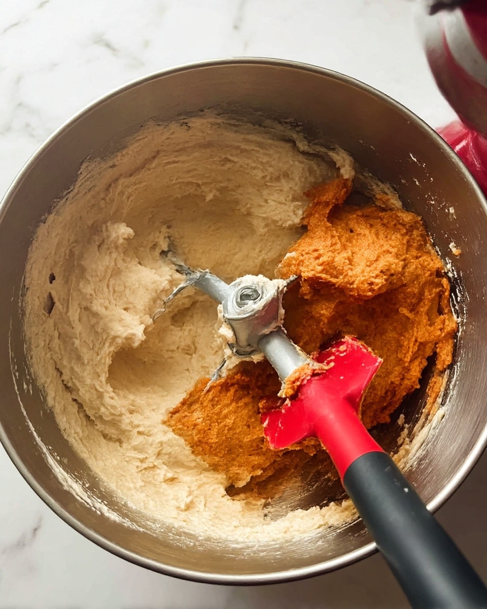 Inside a silver mixing bowl, there are two main layers of mixture: the larger light beige batter with a creamy and fluffy texture covering most of the bowl, and a rich orange paste sitting on top toward the front. A gray metal mixing blade is partially embedded in the batter near the center, while a red spatula with a black handle rests inside the bowl on the right side, touching both mixtures. The background and surface surrounding the bowl show a white marbled texture. Photo taken with an iphone --ar 4:5 --v 7