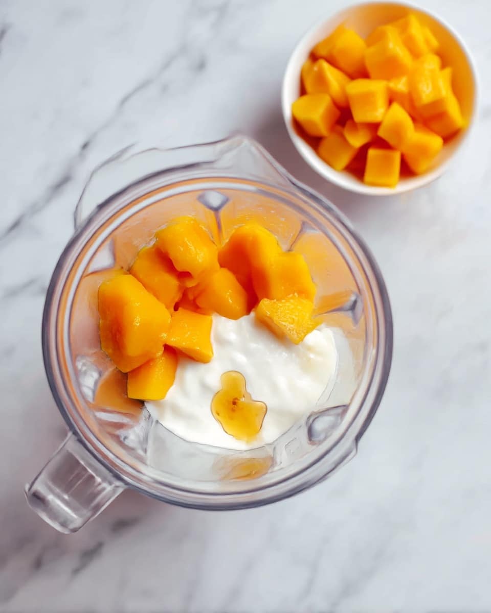 A clear blender jar sitting on a white marbled surface contains three layers of ingredients: bright orange mango chunks, creamy white yogurt, and a small amount of golden honey drizzled on top near the mango pieces. In the top right corner, there is a small white bowl filled with more mango cubes. photo taken with an iphone --ar 4:5 --v 7